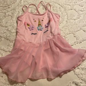 Girl’s pink spaghetti criss cross straps leotard with tutu unicorn beads flowers